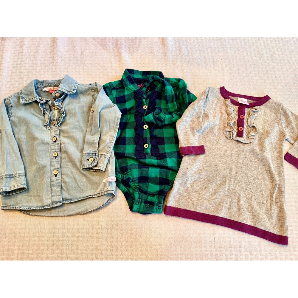 RuffleButts Baby Girl Bundle Plaid Bodysuit Denim‎ Shirt Sweater Dress 6-18M